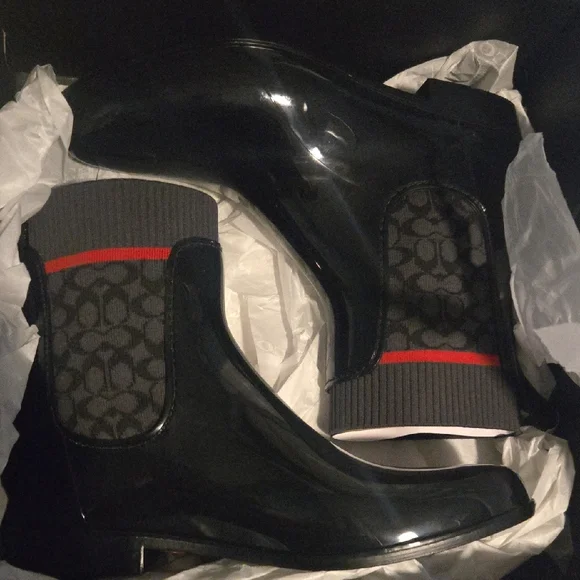 Black and Gray Ankle Rain Boots with Red Accent COACH Size 11 - Picture 7 of 7